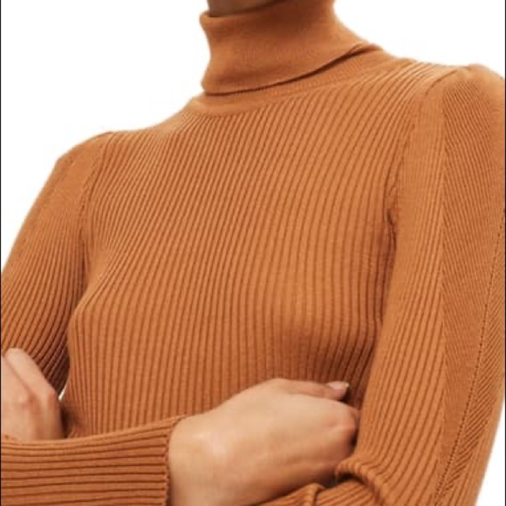 Topshop Light Brown Puff Sleeve Ribbed Turtleneck
